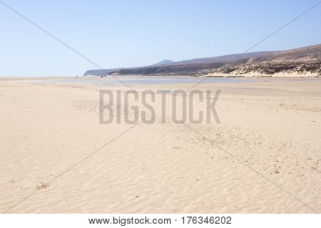 Incredible view of Costa Calma beach, blue lagoon. Playa Barca, Fuerteventura, Canary islands, Spain