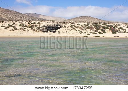 Incredible view of Costa Calma beach, blue lagoon. Playa Barca, Fuerteventura, Canary islands, Spain