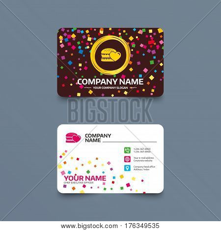 Business card template with confetti pieces. Hamburger icon. Burger food symbol. Cheeseburger sandwich sign. Phone, web and location icons. Visiting card  Vector