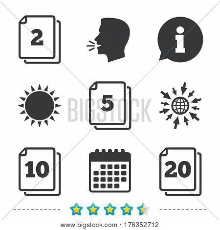 In pack sheets icons. Quantity per package symbols. 2, 5, 10 and 20 paper units in the pack signs. Information, go to web and calendar icons. Sun and loud speak symbol. Vector