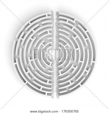 3d rendering of a white round maze with its walls broken by a straight line of rumble dividing the maze in half. Mazes and labyrinths. Problems and solutions. Unconventional approaches.