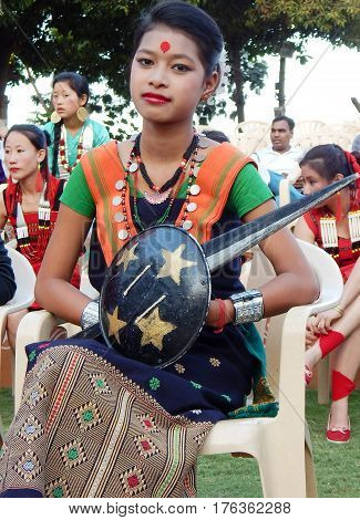HYDERABAD,INDIA-MARCH 3:Closeup portrait of North eastern tribal woman dancer,with details of ornaments and dress in Shilparamam on March 3,2017 in Hyderabad,India