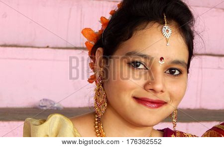 HYDERABAD,INDIA-MARCH 5:Portrait of Indian woman traditional Maharashtra Lavani dancer with makeup,dress,jewelry and hair style on March 5,2017 in Hyderabad,India