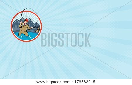 Business card showing Illustration of a fly fisherman with fly rod and reel reeling and netting up a trout fish set inside circle with lake trees and mountain in background done in cartoon style.
