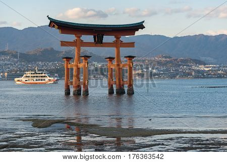 The Itsukushima Floating Torii Gate Off The Coast Of The Island Of Miyajima, Hiroshima, Japan.