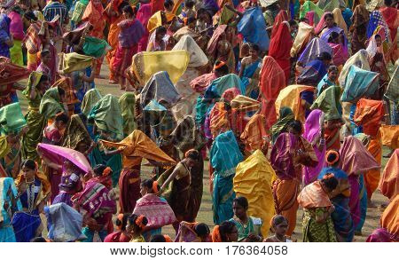 HYDERABAD,INDIA-MARCH 5:Indian women wait to perform Lavani Dance,Maharashtra art form, on International women day on March 5,2017 in Hyderabad,India