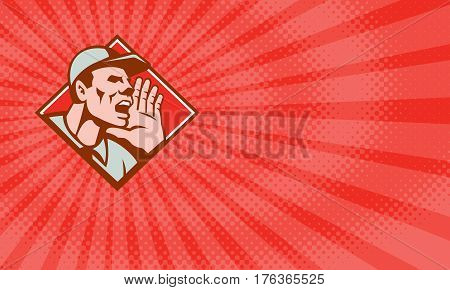 Business card showing Illustration of a worker wearing hat looking up shouting done in retro style set inside diamond shape.