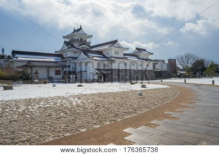 TOYAMA JAPAN - FEB 13, 2017: Toyama castle with snow in Toyama city, Japan