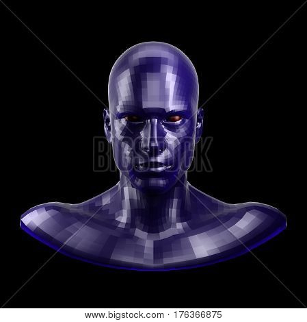 3D rendering. Faceted blue robot face with red eyes looking front on camera. Isolated on black background