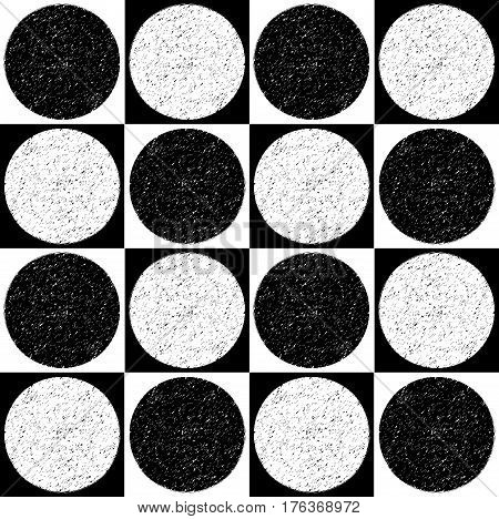 Checkered pattern with speckled circles. Black and white geometric pattern. Vector seamless