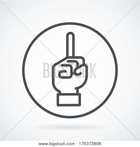 Black flat simple icon style line art. Outline symbol with stylized image of a gesture hand of a human forefinger in up, hist in circumference. Stroke vector logo mono linear pictogram graphics.