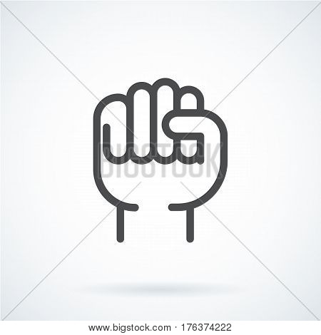 Black flat simple icon style line art. Outline symbol with stylized image of a gesture hand of a human fist to the top. Stroke vector logo mono linear pictogram web graphics. On a gray background.