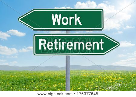 Two Green Direction Signs - Work Or Retirement