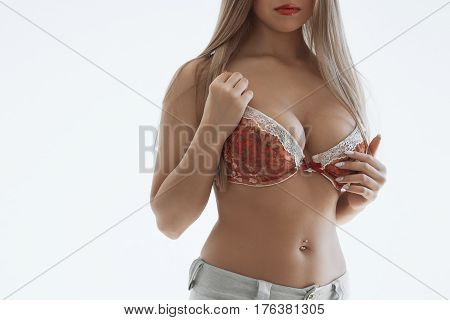 Young sexy woman with long hair demonstrate her black undies.