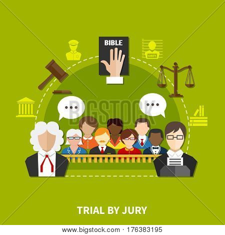 Law flat composition with employees and participants of process and trial by jury vector illustration