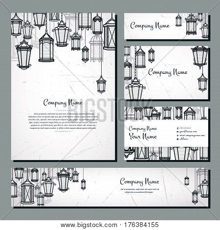 Vintage lantern vector banner background set. Retro antique backrop for business. Classic hanging light cover illustration. Elegant invitation postcard paper design. Traditional card. Victorian style