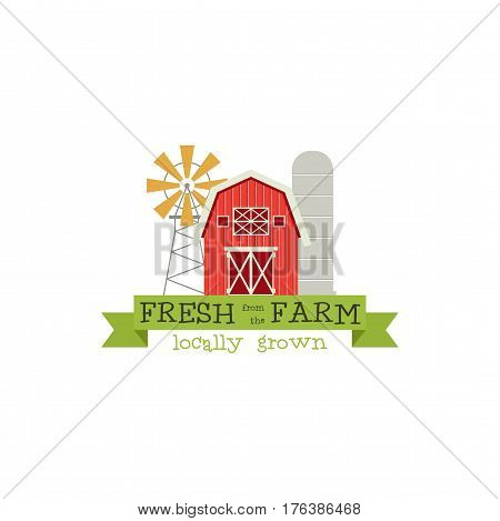Fresh from the Farm concept logo. Template with farm landscape, windmill. Label for natural farm products. Colorful logotype isolated on white background. Stock Vector illustration