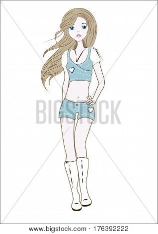 the girl in jeans shorts a jacket and boots with the hair flying downwind