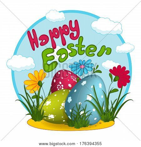 Three Easter eggs with a pattern flowers grass clouds and lettering. Greeting card. Sticker.