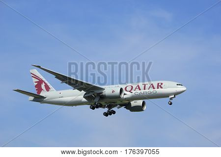 Amsterdam the Netherlands - July 21st 2016:A7-BFE Qatar Airways Cargo Boeing 777 approaching Polderbaan runway at Schiphol Amsterdam Airport arriving from Chicago USA