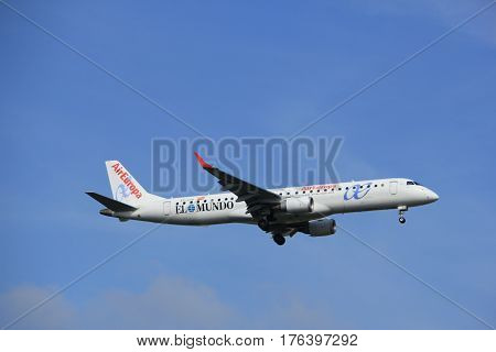 Amsterdam the Netherlands - July 21st 2016: EC-LCQ Air Europa Embraer ERJ-195LR approaching Polderbaan runway at Schiphol Amsterdam Airport arriving from Madrid Spain
