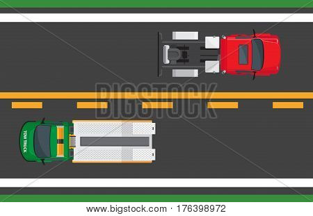City traffic concept. Tractor truck and wrecker goes on opposite road lanes top view flat vector. Urban highway illustration for transport concepts and logistics infographics design
