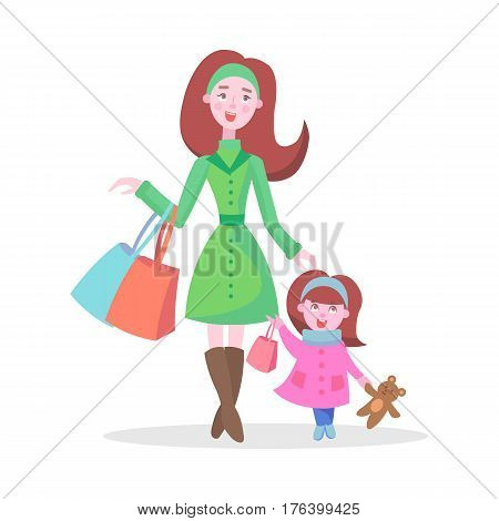 Family shopping cartoon concept isolated on white background. Young red-haired woman make purchases with child flat vector illustration. Mother buying gifts on winter holiday sale with little daughter
