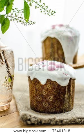 Easter cake with white glaze. Selective focus