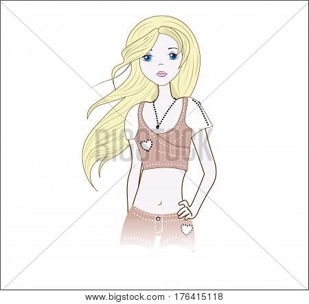 the girl in pink shorts a jacket with the hair flying downwind