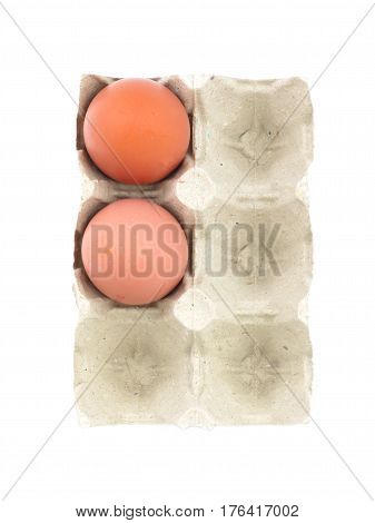 Organic egg in paperboard egg cartons isolated on white