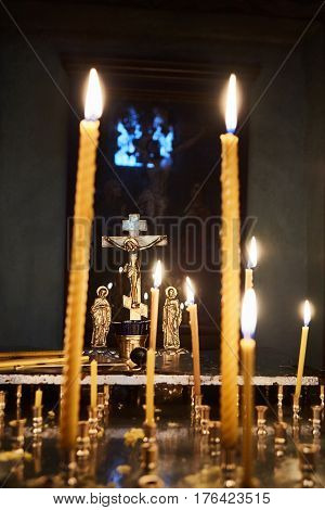 The candles in orthodox church. Selective focus