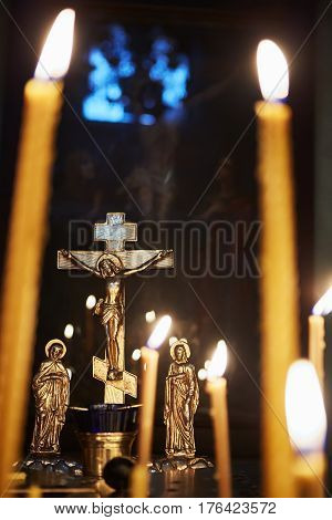 The candles in orthodox church. Selective focus