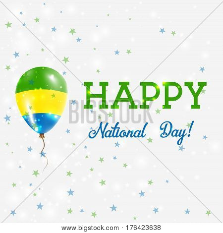 Gabon National Day Patriotic Poster. Flying Rubber Balloon In Colors Of The Gabonese Flag. Gabon Nat