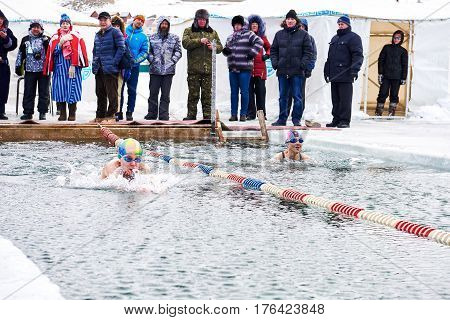 Sahyurta, Irkutsk Region, Russia - March 11.2017: Cup Of Baikal. Winter Swimming Competitions
