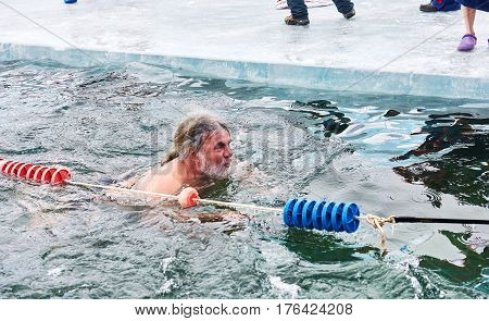 Sahyurta, Irkutsk Region, Russia - March 11.2017: Cup Of Baikal. Winter Swimming Competitions. Breas