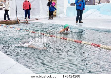 Sahyurta, Irkutsk Region, Russia - March 11.2017: Cup Of Baikal. Winter Swimming Competitions. Breas