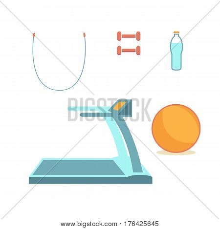 Symbols flat design icons set. Vector infographics sports equipment elements. For a healthy lifestyle. Dumbbells, a rope, a ball, a running track and a bottle of water to quench your thirst