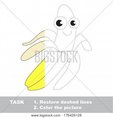 Banana in vector to be traced. Restore dashed line and color the picture. Visual game for children. Easy educational kid gaming. Simple level of difficulty. Worksheet for kids education.