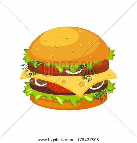 Double Steak Burger With Cheese, Street Fast Food Cafe Menu Item Colorful Vector Icon. Isolated Eatable Object For Snack Lunch Representing Unhealthy Eating Habits.