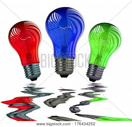 Bulbs green, blue, redon a write background