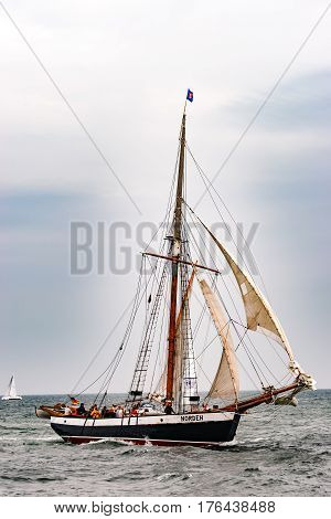 Rostock, Germany - August 2016: Sailing ship on the baltic sea. Hanse-Sail Warnemuende at port Rostock, Mecklenburg-Vorpommern, Germany. Tall Ship.Yachting and Sailing travel. Cruises and holidays