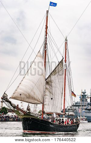 Rostock, Germany - August 2016: Sailing ship on the baltic sea. Hanse-Sail Warnemuende at port Rostock, Mecklenburg-Vorpommern, Germany. Tall Ship.Yachting and Sailing travel. Cruises and holidays