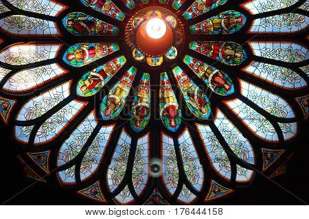 MONTREAL - AUG. 4, 2011: Colorful roof window of Montreal Notre-Dame Basilica (French: Basilique Notre-Dame de Montreal), Montreal, Quebec, Canada.