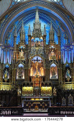 MONTREAL - AUG. 4, 2011: Altar of Montreal Notre-Dame Basilica (French: Basilique Notre-Dame de Montreal), Montreal, Quebec, Canada.