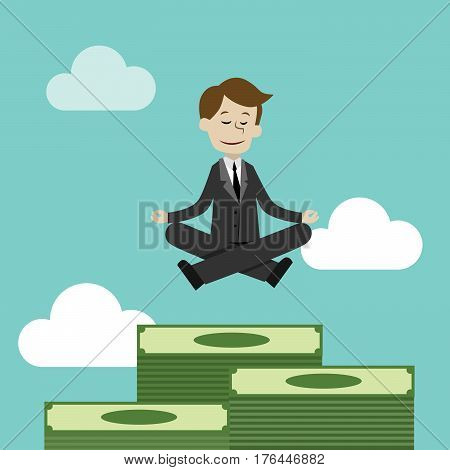 Businessman sitting and meditating.Making money. Vector illustration