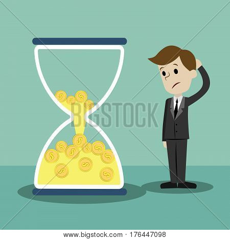 Time is money. Money in sandglass. Businessman lose his money losing time.
