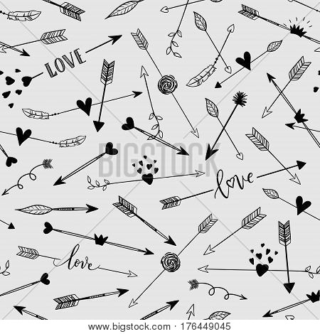 Handdrawn Arraws Seamless Pattern. Vector Black And White Background