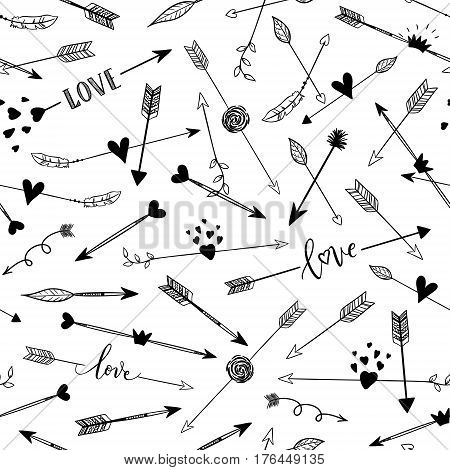 Handdrawn Arraws Seamless Pattern. Vector Black And White Background