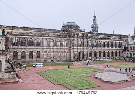 DresdenGermany-January 42017: Zwinger-palace and park complex of four buildings.The beginning was laid in 1709.Tourists visiting the sights