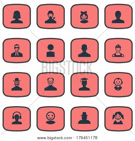 Vector Illustration Set Of Simple Avatar Icons. Elements Male With Headphone, Proletarian, Insider And Other Synonyms Mysterious, Detective And Whiskers.